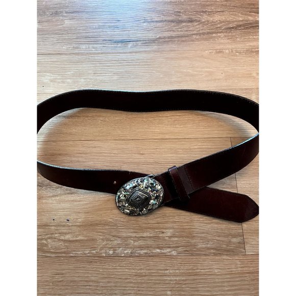Avignon Designer Brown Leather Belt Silver Belt Buckle Rock Mosaic Design / Cowb - Picture 7 of 9